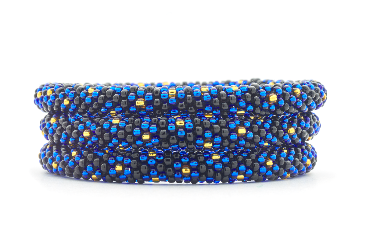 Sashka Co handmade beaded friendship bracelet with black, blue, and gold glass beads. Crafted in Nepal by skilled artisans.