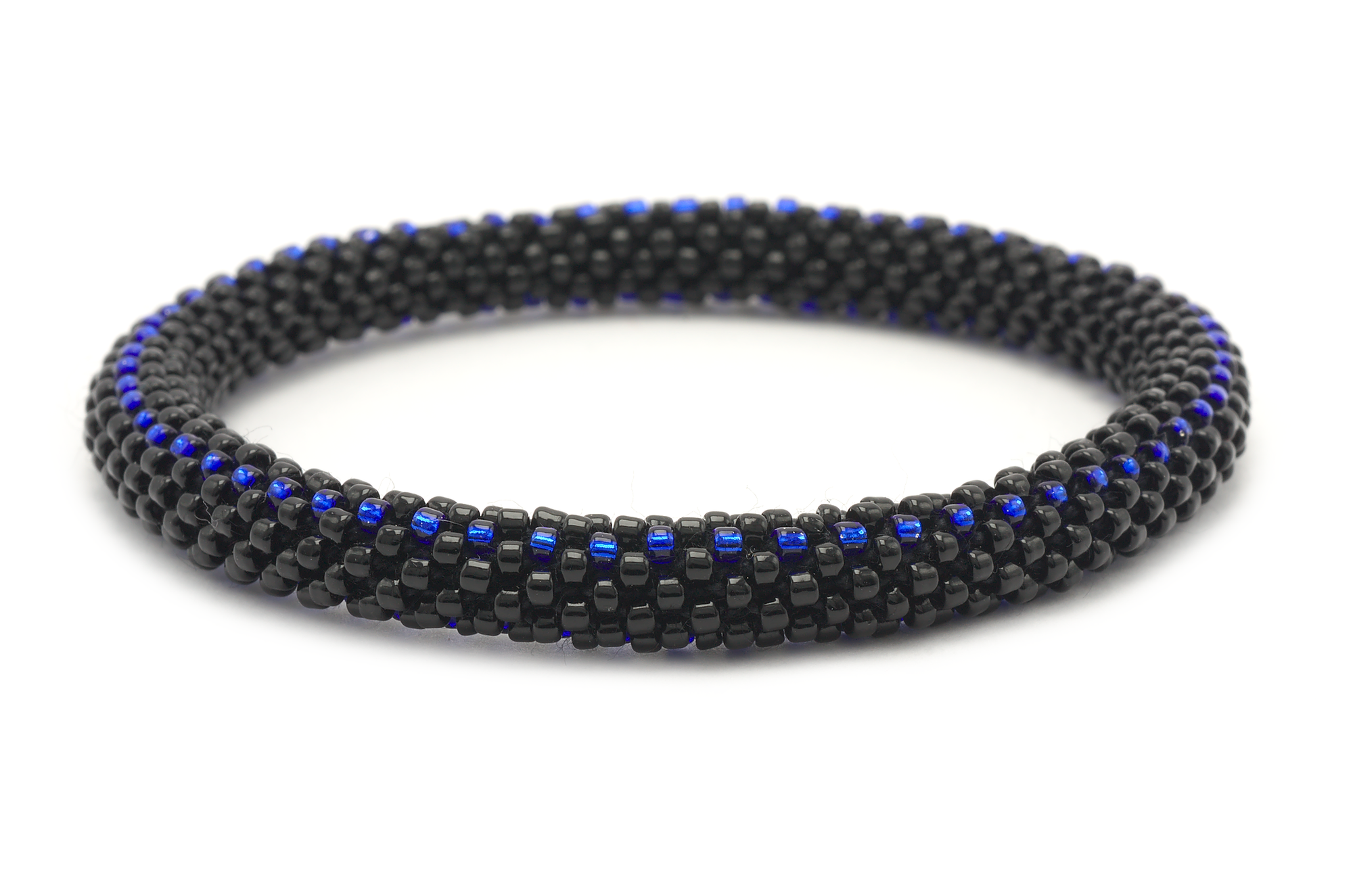 Sashka Co. handmade glass beaded friendship bracelet with black and blue glass beads. Crafted in Nepal by skilled artisans.
