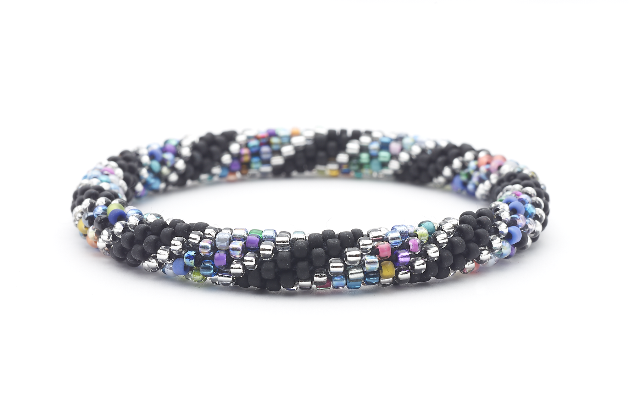 Sashka Co. handmade glass beaded friendship bracelet with black, clear and confetti glass beads in a confetti spiral pattern. Crafted in Nepal by skilled artisans.