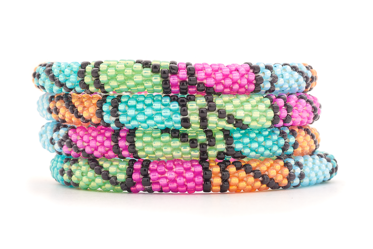Sashka Co handmade beaded friendship bracelet with black, pink, blue, green, and orange glass beads in a block spiral pattern. Crafted in Nepal by skilled artisans.