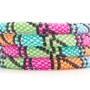 Sashka Co handmade beaded friendship bracelet with black, pink, blue, green, and orange glass beads in a block spiral pattern. Crafted in Nepal by skilled artisans.