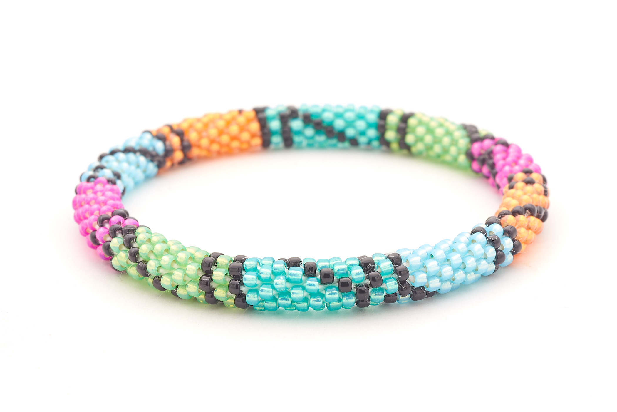 Sashka Co handmade beaded friendship bracelet with black, pink, blue, green, and orange glass beads in a block spiral pattern. Crafted in Nepal by skilled artisans.