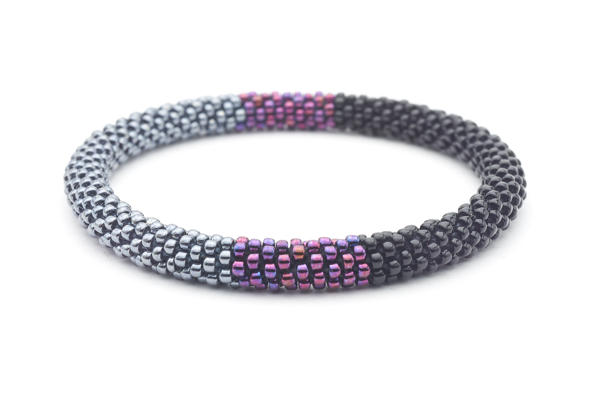 Sashka Co. handmade glass beaded friendship bracelet with black, silver, and deep purple glass beads in a block pattern. Crafted in Nepal by skilled artisans.