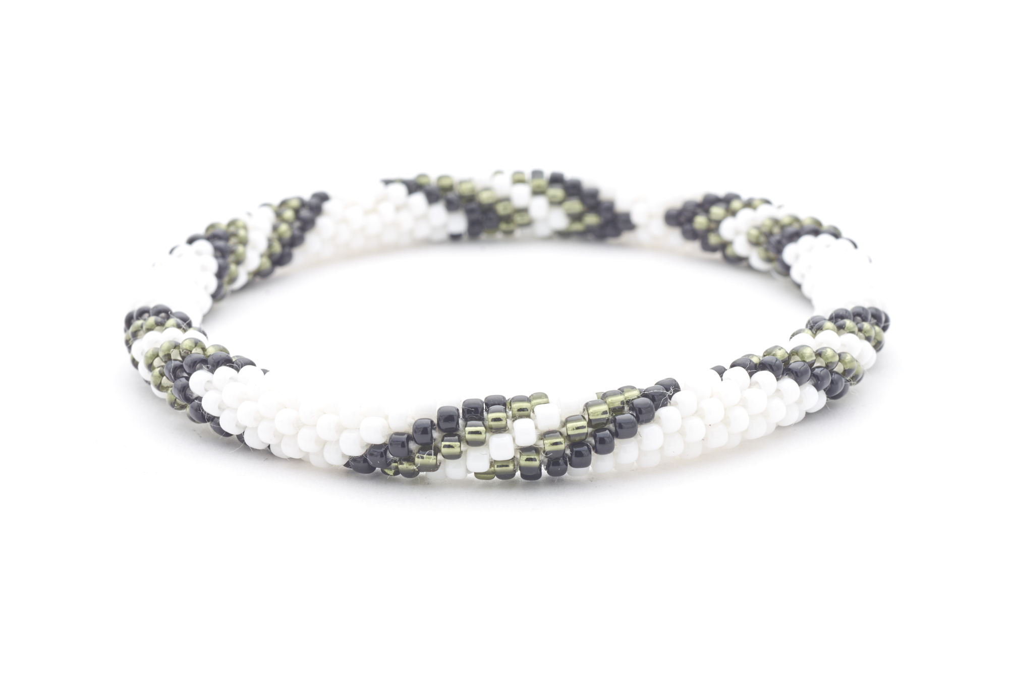 Sashka Co handmade beaded friendship bracelet with black, white, and silver glass beads. Crafted in Nepal by skilled artisans.