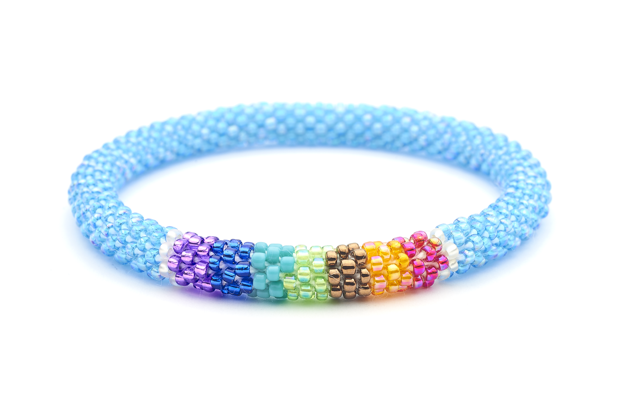 Sashka Co. handmade glass beaded friendship bracelet with blue, clear, red, orange, brown, green, turquoise, and purple glass beads in a chakra pattern. Crafted in Nepal by skilled artisans.