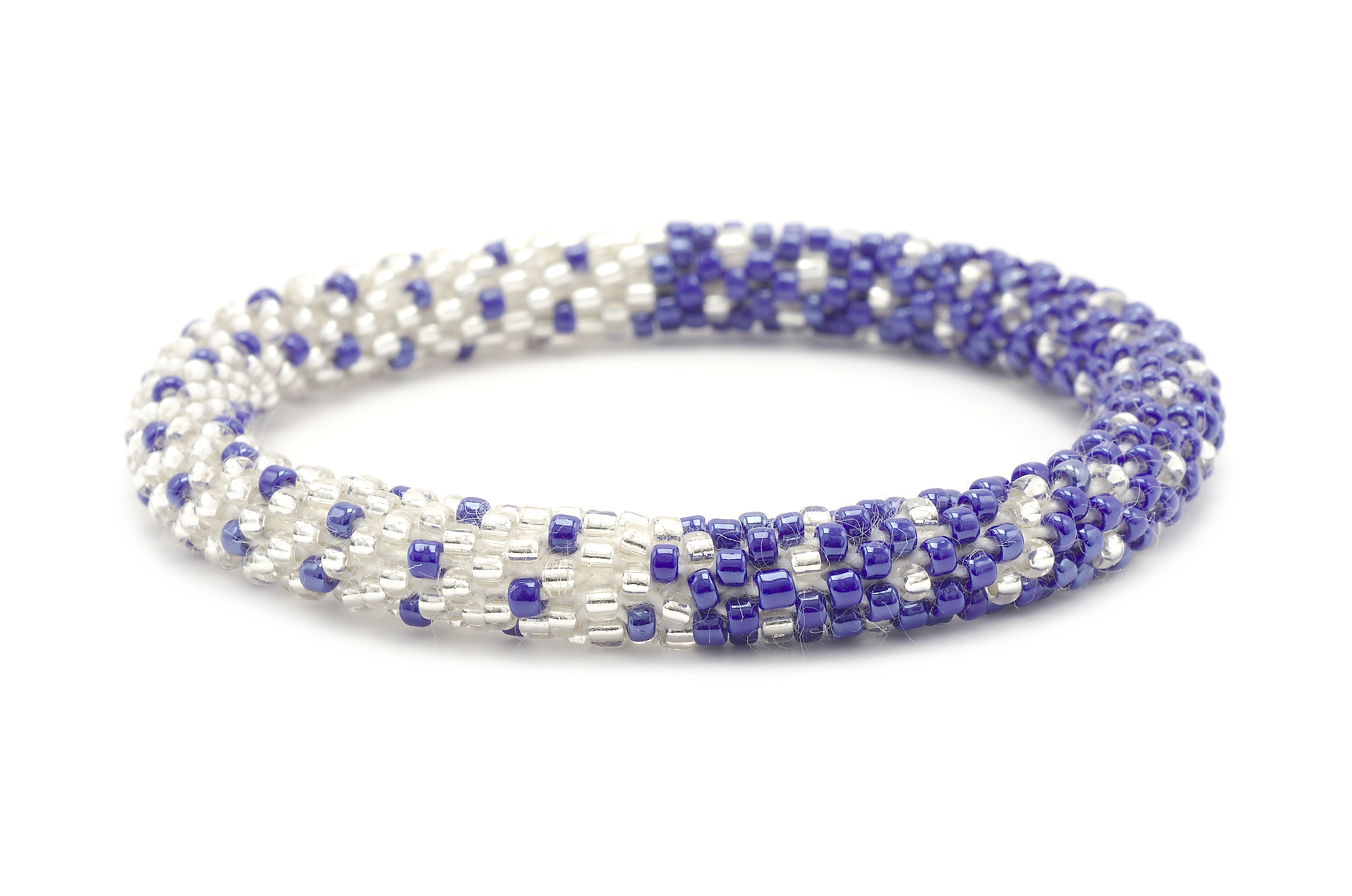Sashka Co handmade beaded friendship bracelet with blue and clear glass beads. Crafted in Nepal by skilled artisans.