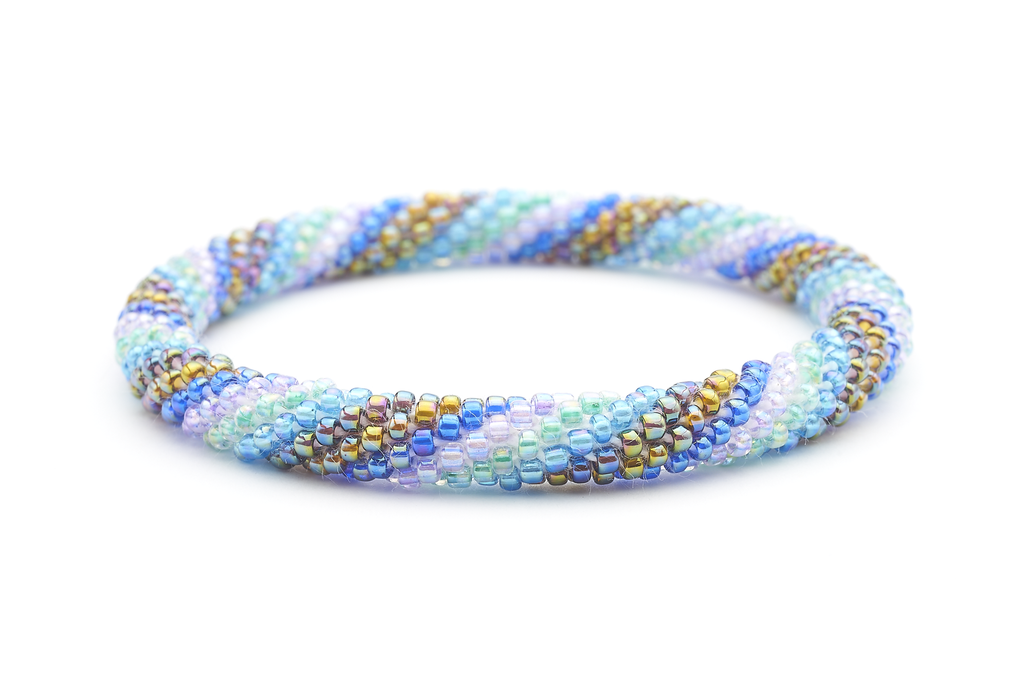 Sashka Co handmade beaded friendship bracelet with blue, purple, aqua, and iridescent glass beads. Crafted in Nepal by skilled artisans.Bracelet