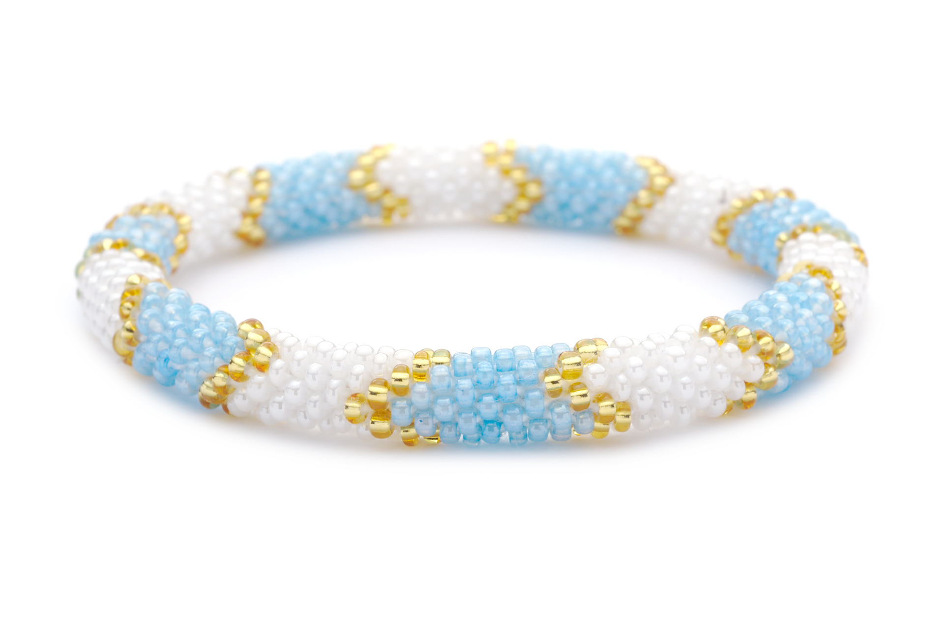 Sashka Co handmade beaded friendship bracelet with blue, white, and gold glass beads. Crafted in Nepal by skilled artisans.