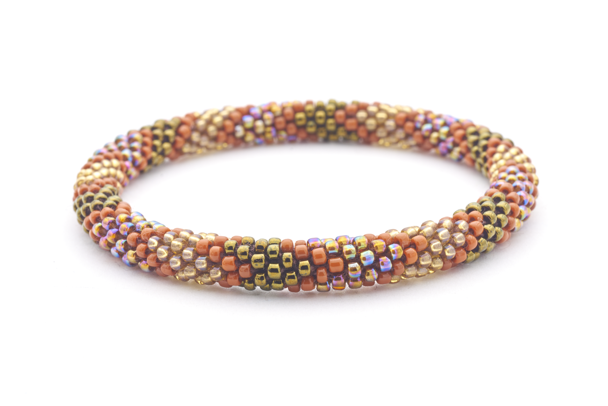 Sashka Co handmade beaded friendship bracelet with bronze, burnt orange, and mixed iridescent glass beads. Crafted in Nepal by skilled artisans.