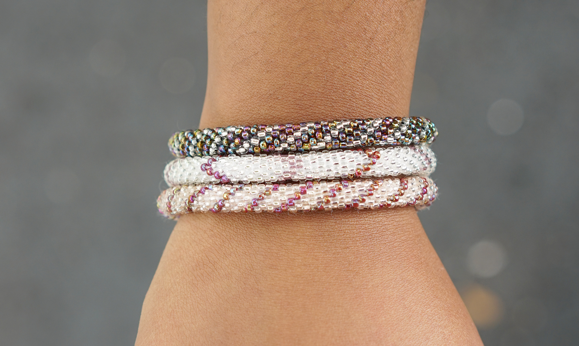 3 Sashka Co handmade beaded friendship bracelets. Crafted in Nepal by skilled artisans.