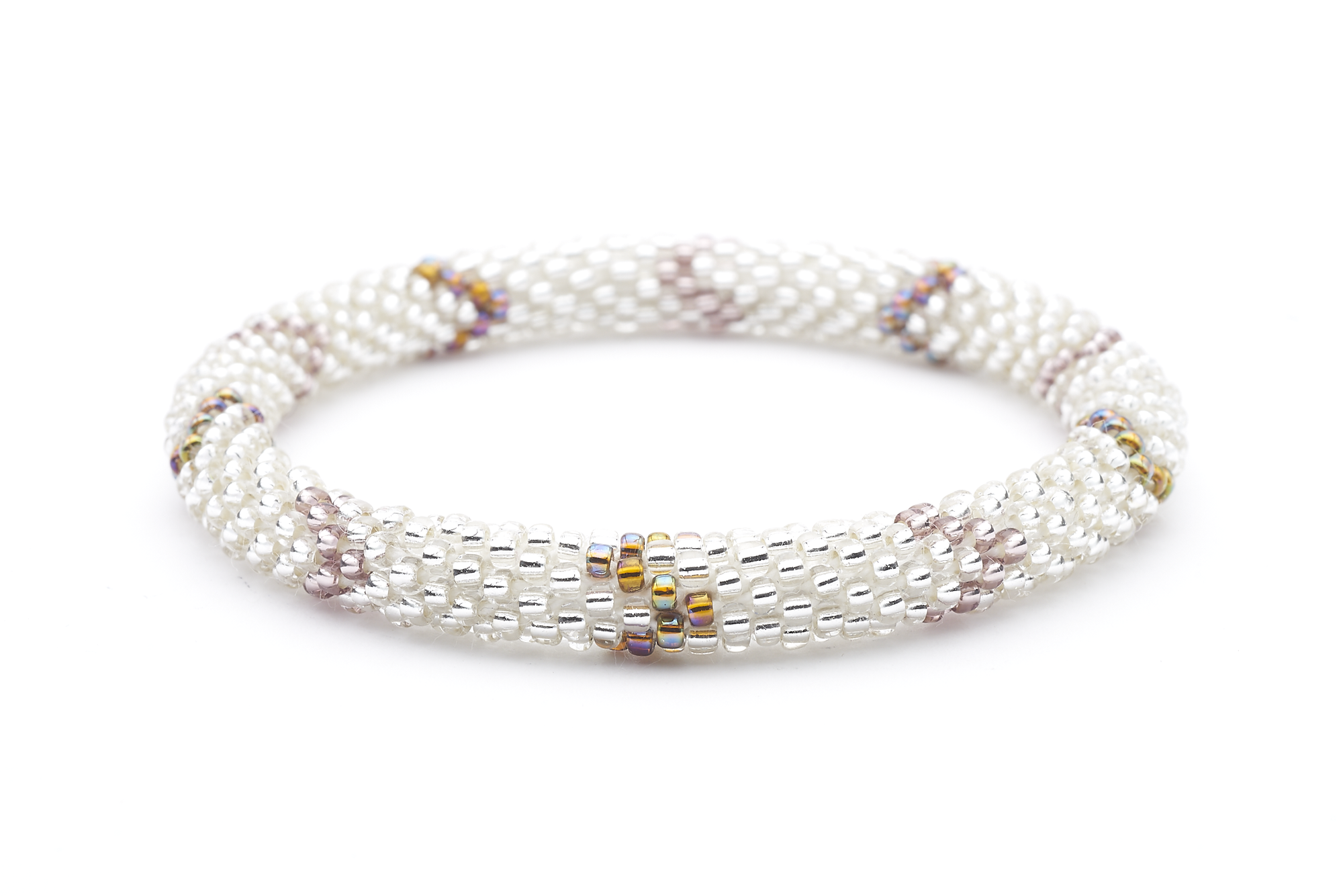 Sashka Co handmade beaded friendship bracelet with clear, mauve, and iridescent glass beads. Crafted in Nepal by skilled artisans.