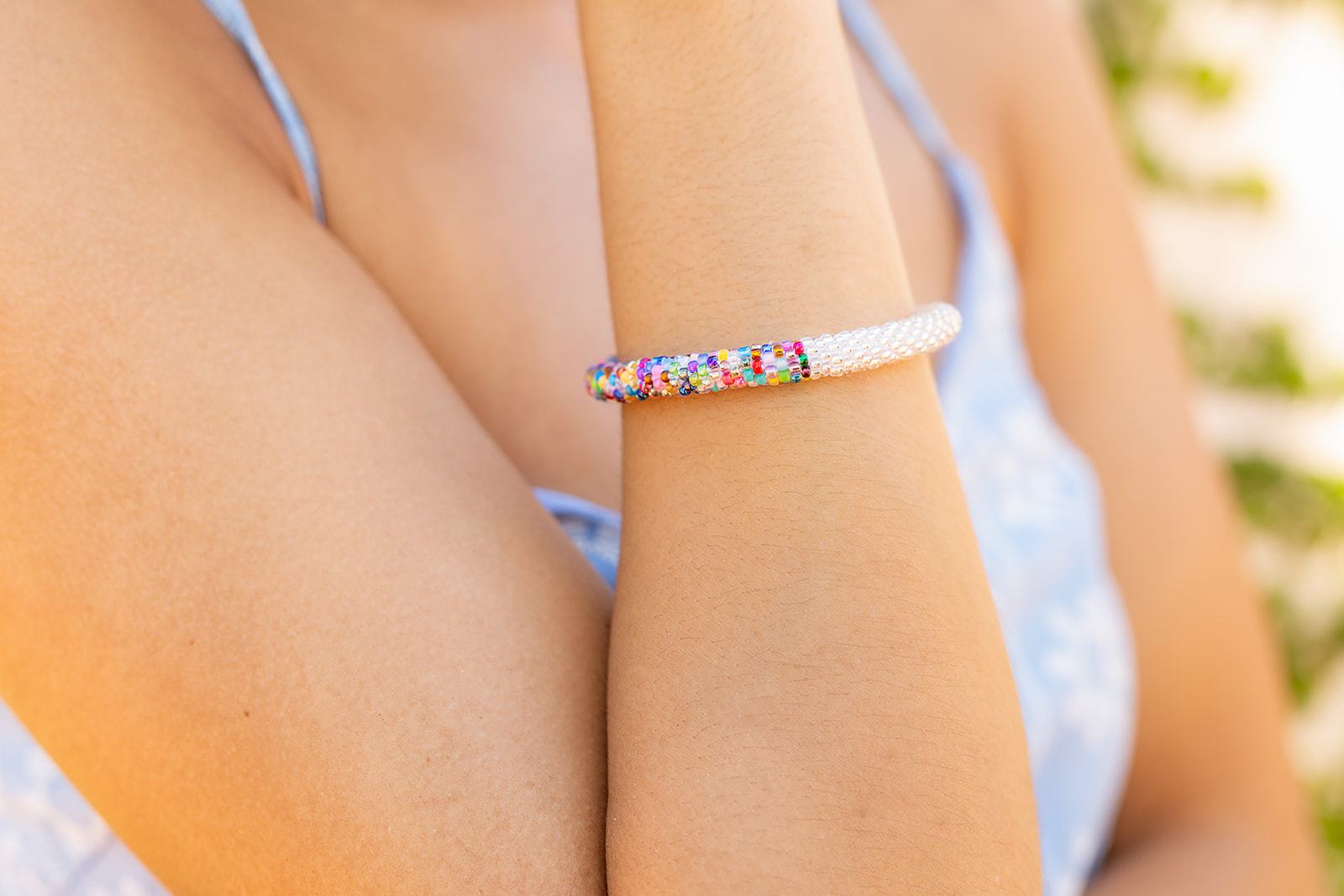 Sashka Co handmade beaded friendship bracelet with clear and mixed confetti glass beads. Crafted in Nepal by skilled artisans.