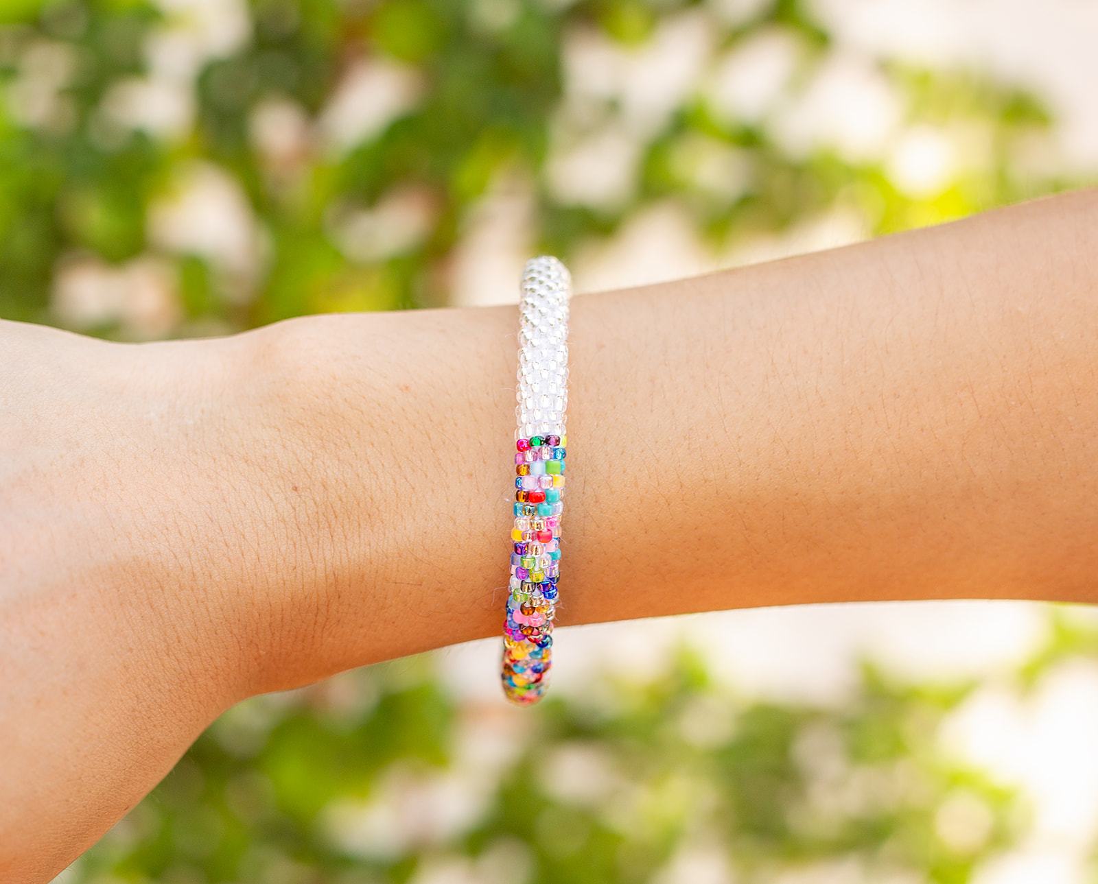 Sashka Co handmade beaded friendship bracelet with clear and mixed confetti glass beads. Crafted in Nepal by skilled artisans.