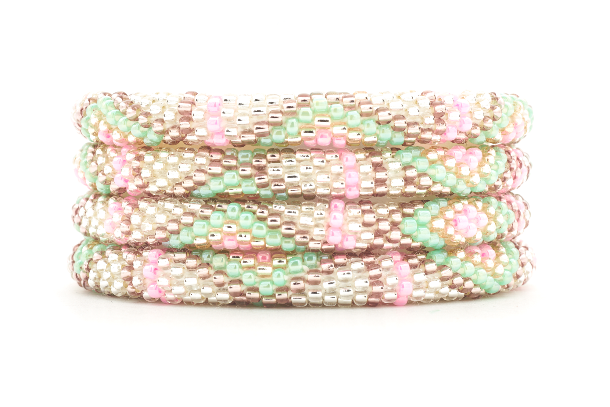 Handmade beaded friendship bracelet with clear, rose gold, purple, pink, and mint glass beads. Crafted by artisans in Nepal for Sashka Co.