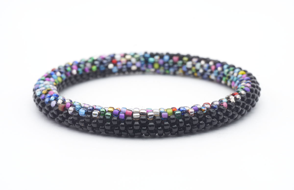 Sashka Co. handmade glass beaded friendship bracelet with confetti and solid black glass beads. Crafted in Nepal by skilled artisans.