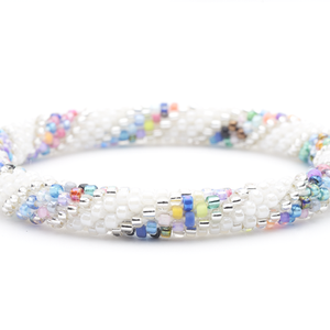 Sashka Co. handmade glass beaded friendship bracelet with confetti, clear, and white glass beads. Crafted in Nepal by skilled artisans.