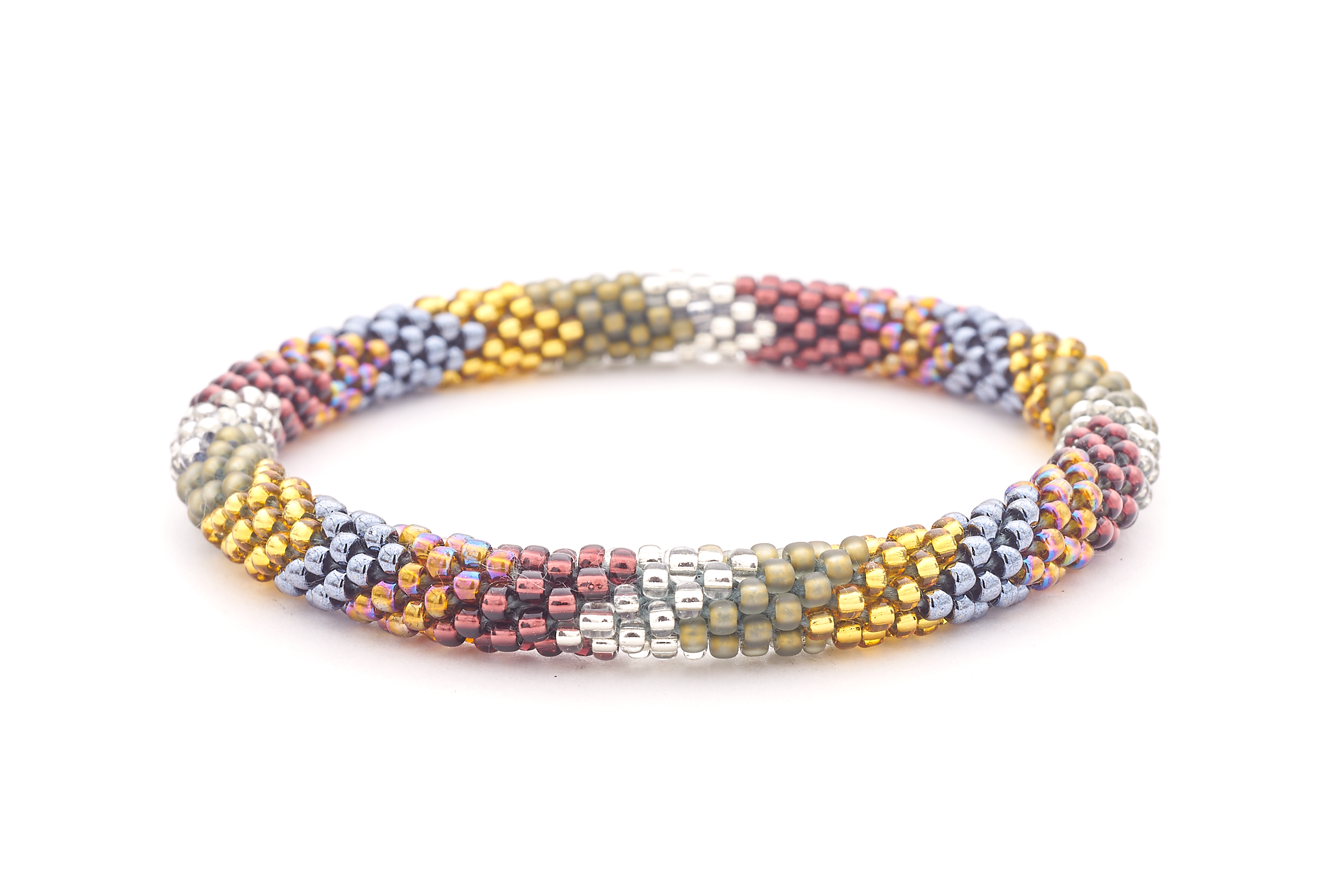 Sashka Co. handmade glass beaded friendship bracelet with gold, silver, plum, matte brown, and iridescent glass beads. Crafted in Nepal by skilled artisans.