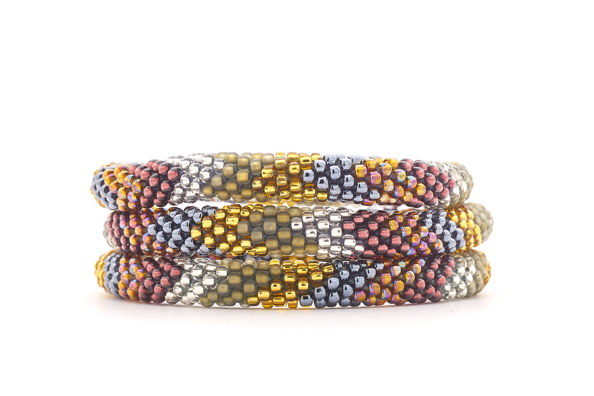 Sashka Co. handmade glass beaded friendship bracelet with gold, silver, plum, matte brown, and iridescent glass beads. Crafted in Nepal by skilled artisans.