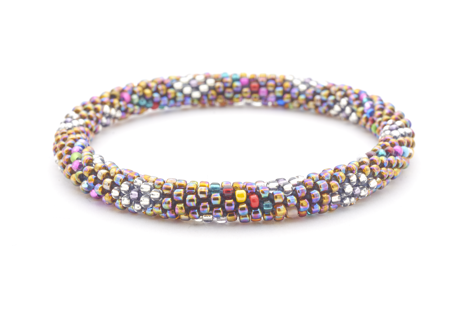 Sashka Co handmade beaded friendship bracelet with iridescent, clear, and mixed glass beads. Crafted in Nepal by skilled artisans.