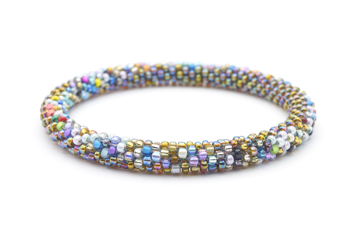 Sashka Co. handmade glass beaded friendship bracelet with iridescent and confetti glass beads in a horizontal half-and-half design. Crafted in Nepal by skilled artisans. 