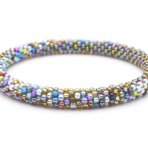 Sashka Co. handmade glass beaded friendship bracelet with iridescent and confetti glass beads in a horizontal half-and-half design. Crafted in Nepal by skilled artisans. 