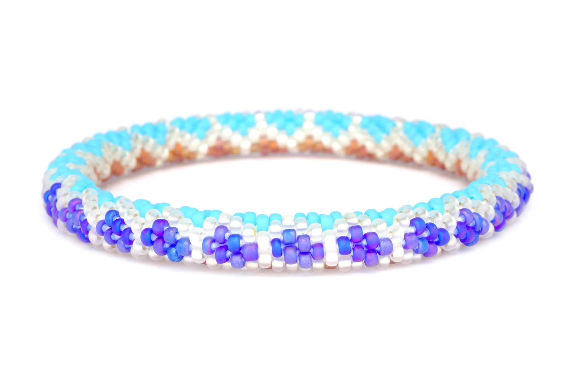 Sashka Co. handmade glass beaded friendship bracelet with iridescent matte blue, matte brown, clear, and baby blue glass beads. Crafted in Nepal by skilled artisans.