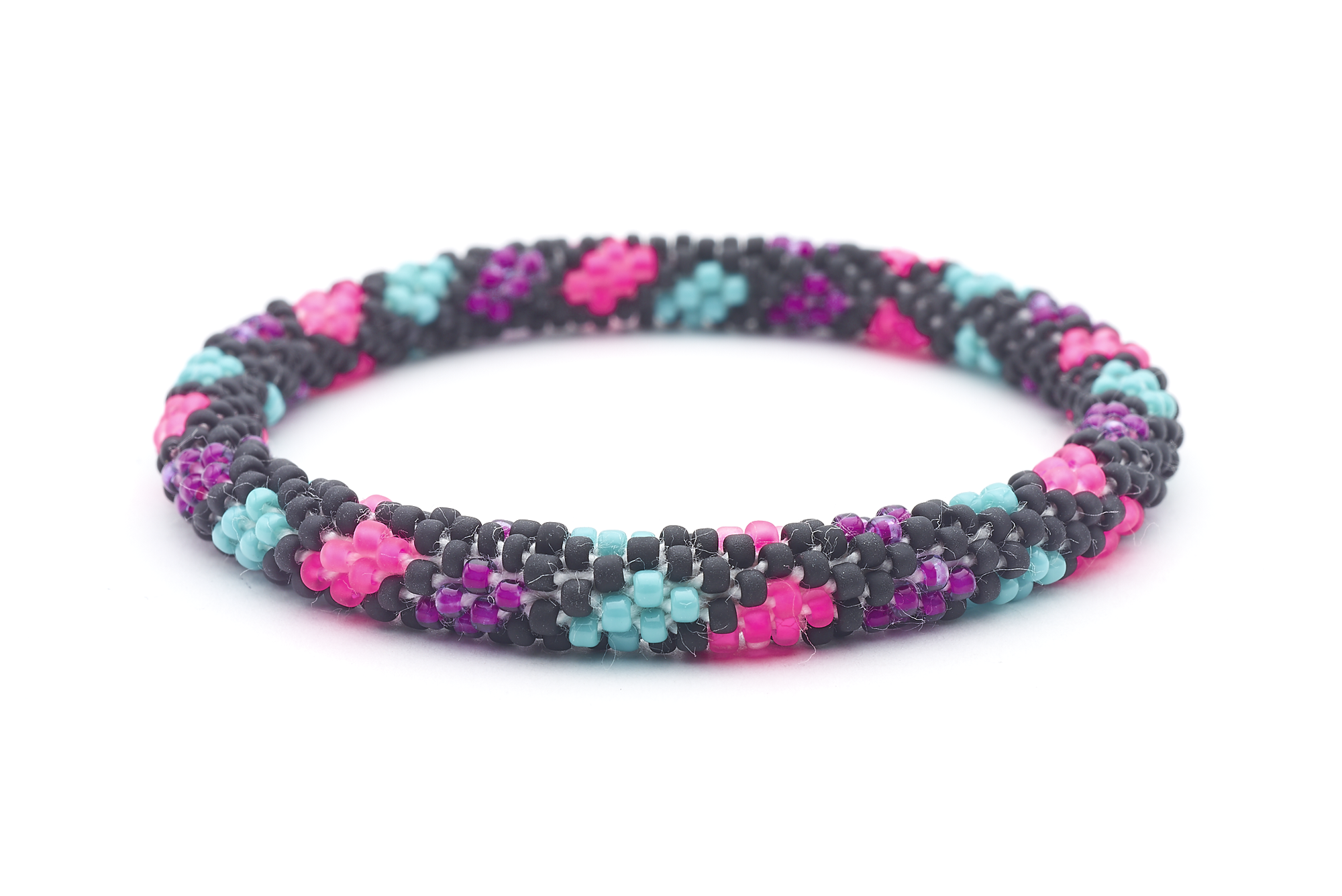 Sashka Co. handmade glass beaded friendship bracelet with matte black, matte pink, purple, and turquoise glass beads. Crafted in Nepal by skilled artisans.