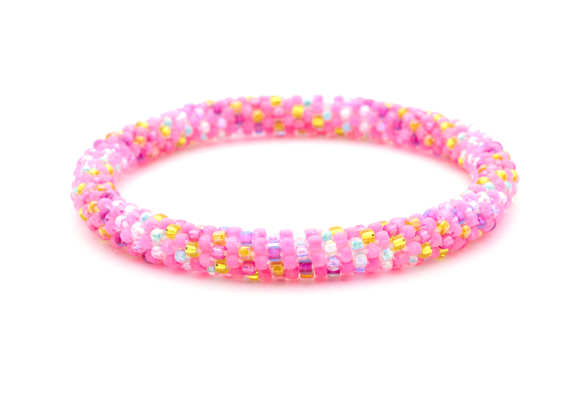 Sashka Co handmade beaded friendship bracelet with matte pink and rainbow confetti glass beads. Crafted in Nepal by skilled artisans.