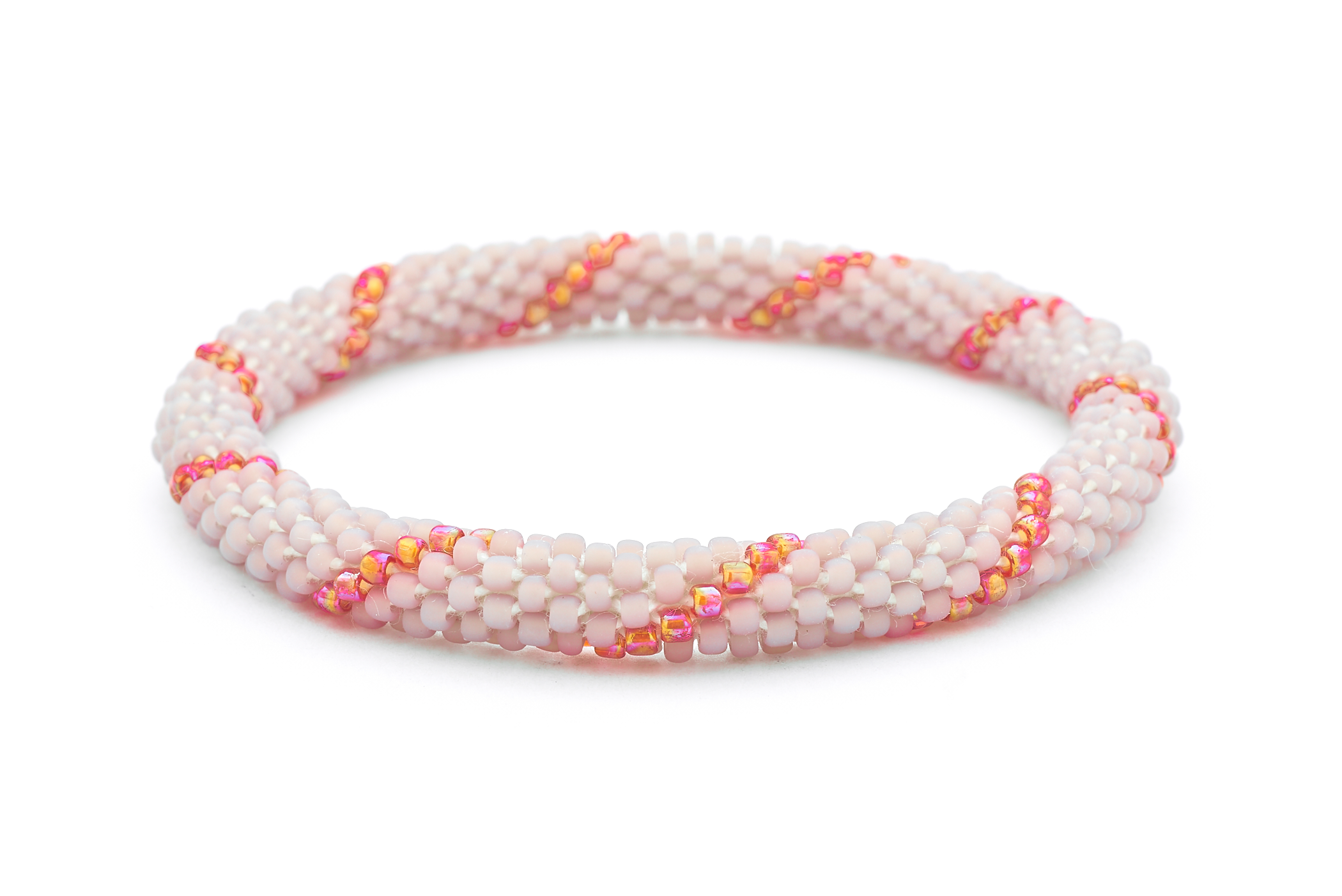 Sashka Co. handmade glass beaded friendship bracelet with mauve and iridescent red glass beads in a spiral pattern. Crafted in Nepal by skilled artisans.