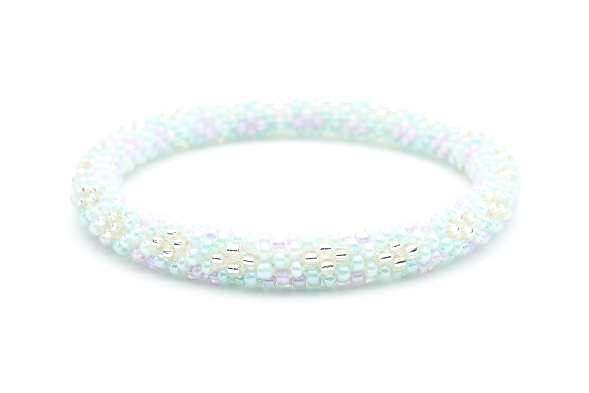 Sashka Co handmade beaded friendship bracelet with mint, clear, and purple glass beads. Crafted in Nepal by skilled artisans.