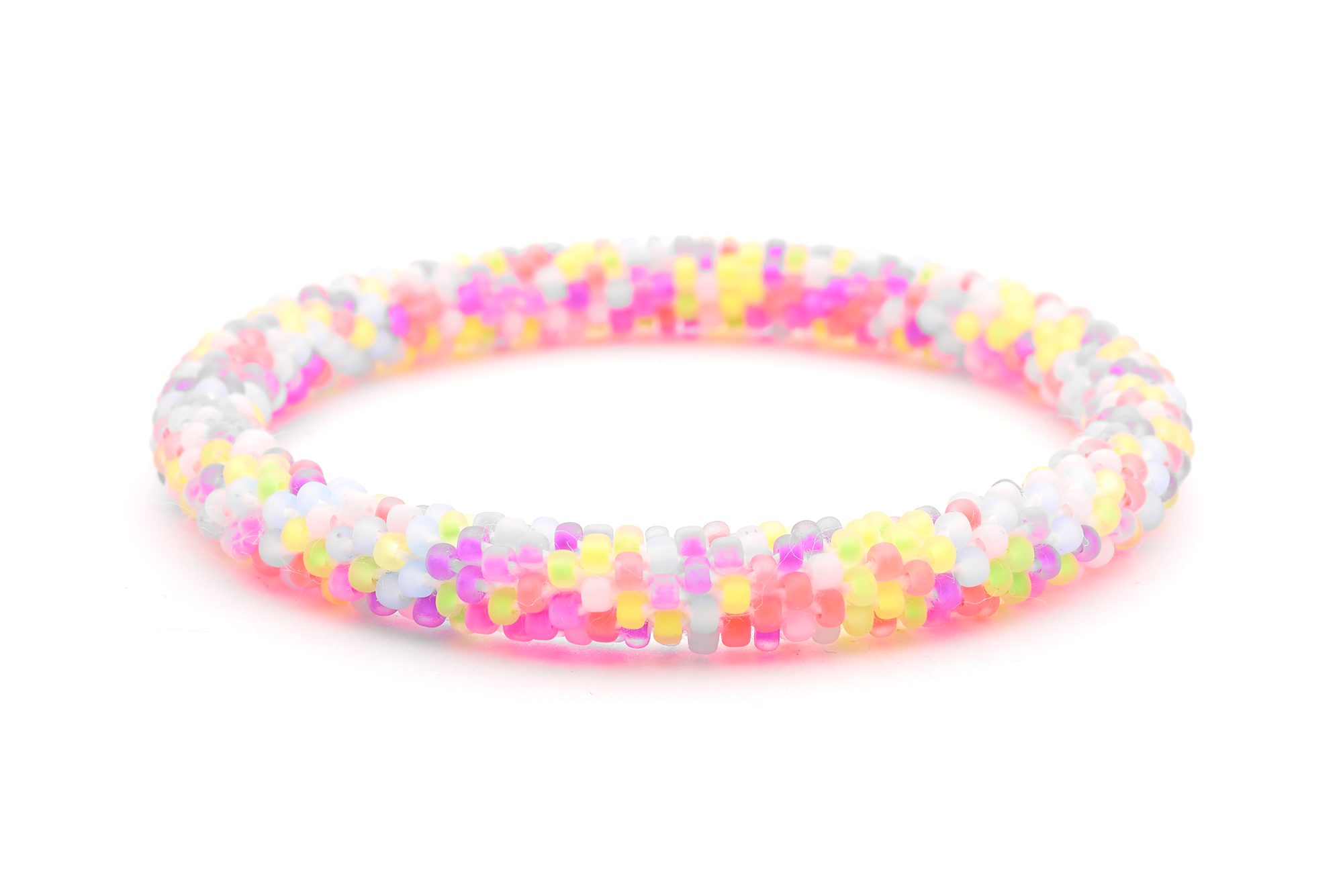Sashka Co handmade beaded friendship bracelet with neon pink, purple, yellow, green, and light blue glass beads. Crafted in Nepal by skilled artisans.
