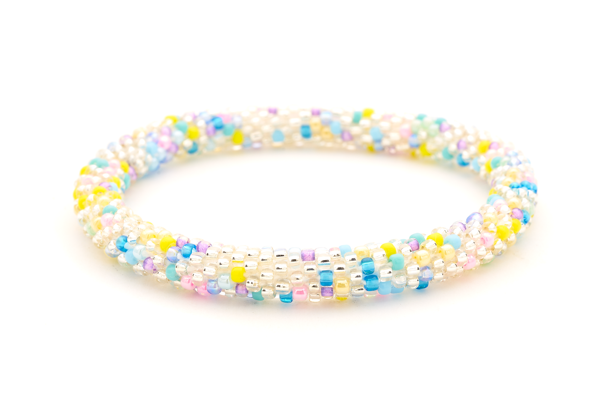 Sashka Co. handmade glass beaded friendship bracelet with confetti pattern in clear, pink, purple, yellow, turquoise, and blue. Hand-crocheted in Nepal.