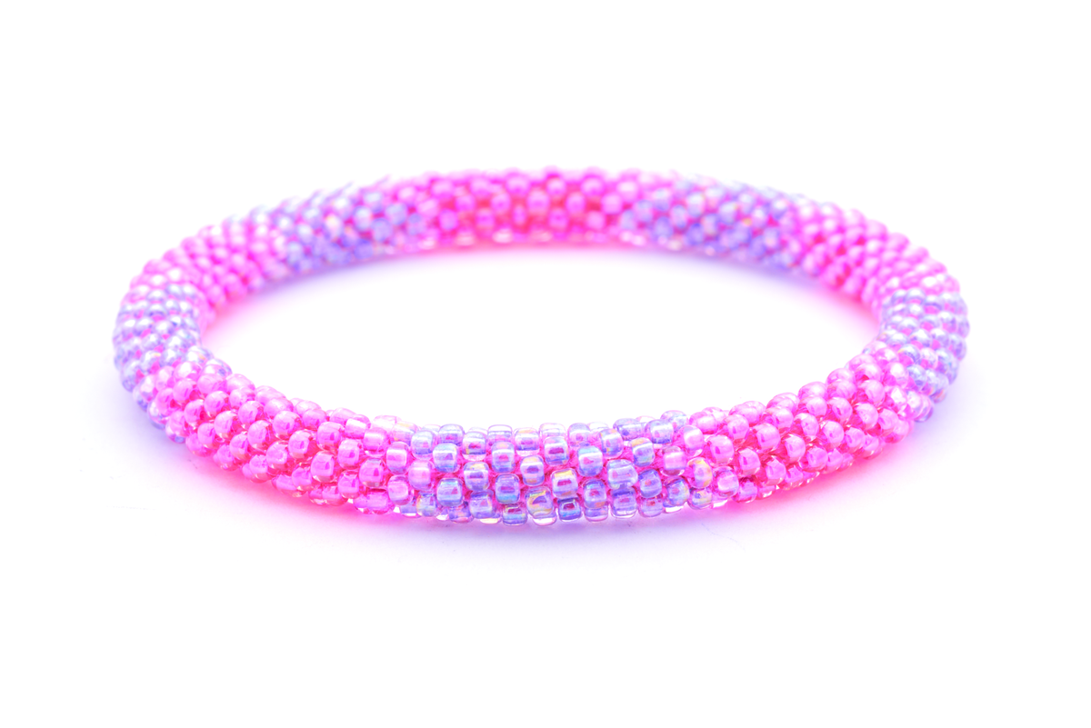 Sashka Co. handmade glass beaded friendship bracelet with pink and iridescent purple glass beads. Crafted in Nepal by skilled artisans.