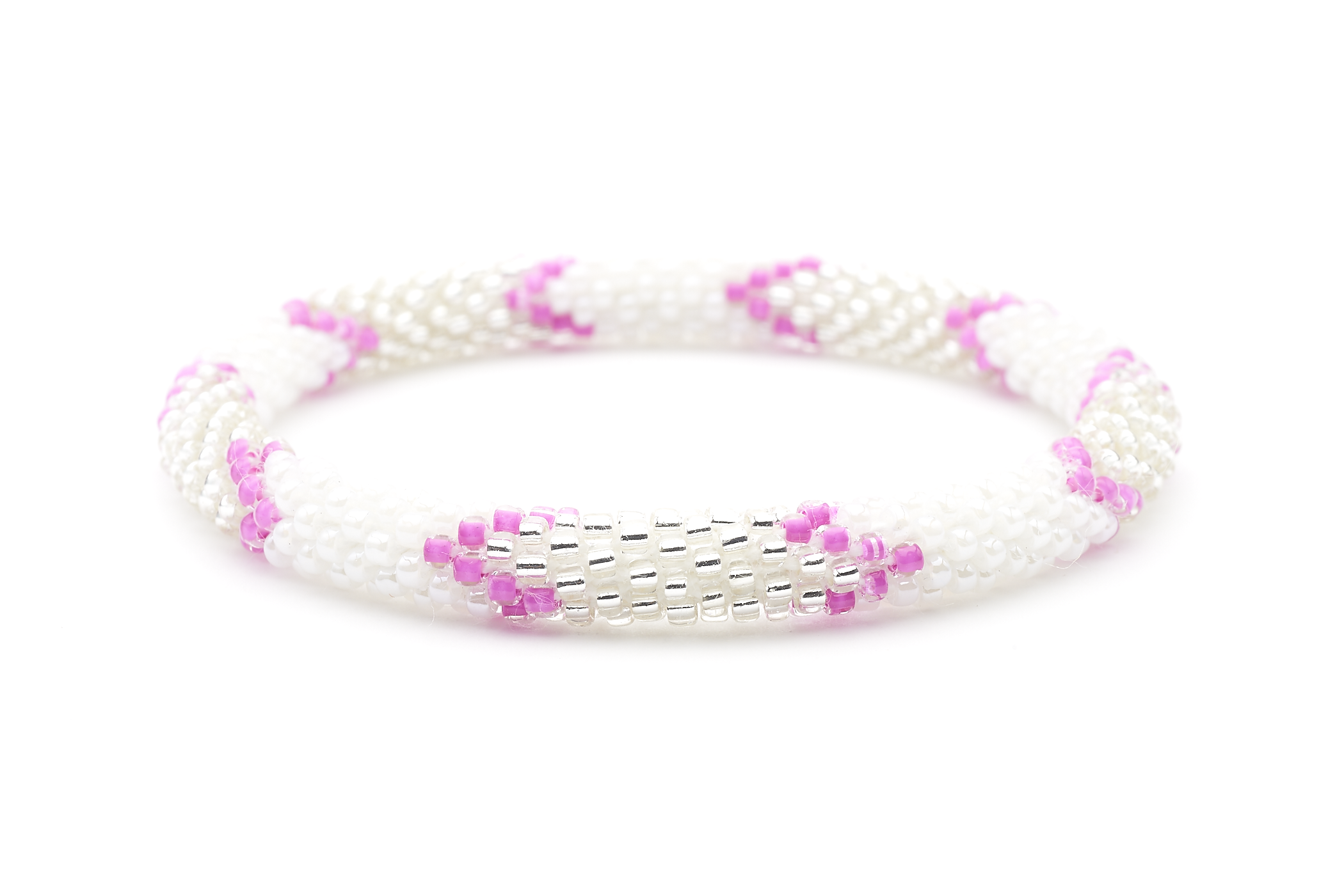 Sashka Co. handmade glass beaded friendship bracelet with pink, white, and clear glass beads in a chevron pattern. Crafted in Nepal by skilled artisans.