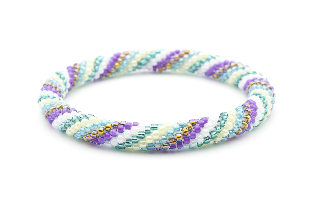 Sashka Co handmade beaded friendship bracelet with purple, teal, white, yellow, and iridescent glass beads. Crafted in Nepal by skilled artisans.