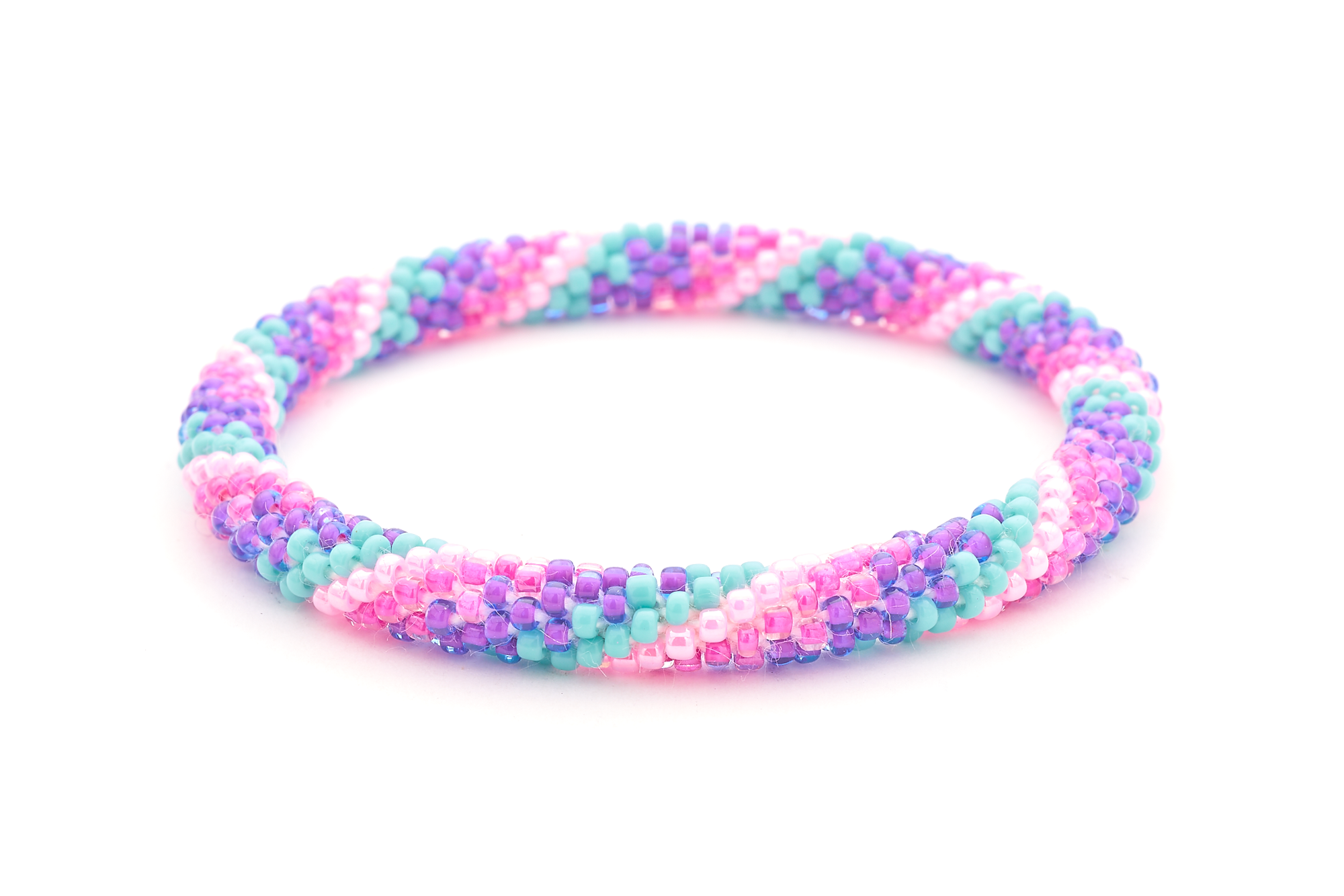 Sashka Co. handmade beaded friendship bracelet with purple, turquoise, and pink glass beads. Crafted in Nepal by skilled artisans in a spiral pattern.