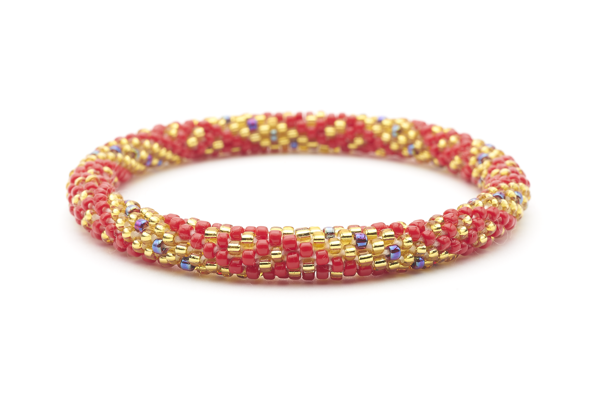Sashka Co. handmade glass beaded friendship bracelet with red, iridescent, and gold glass beads in a spiral dots pattern. Crafted in Nepal by skilled artisans.