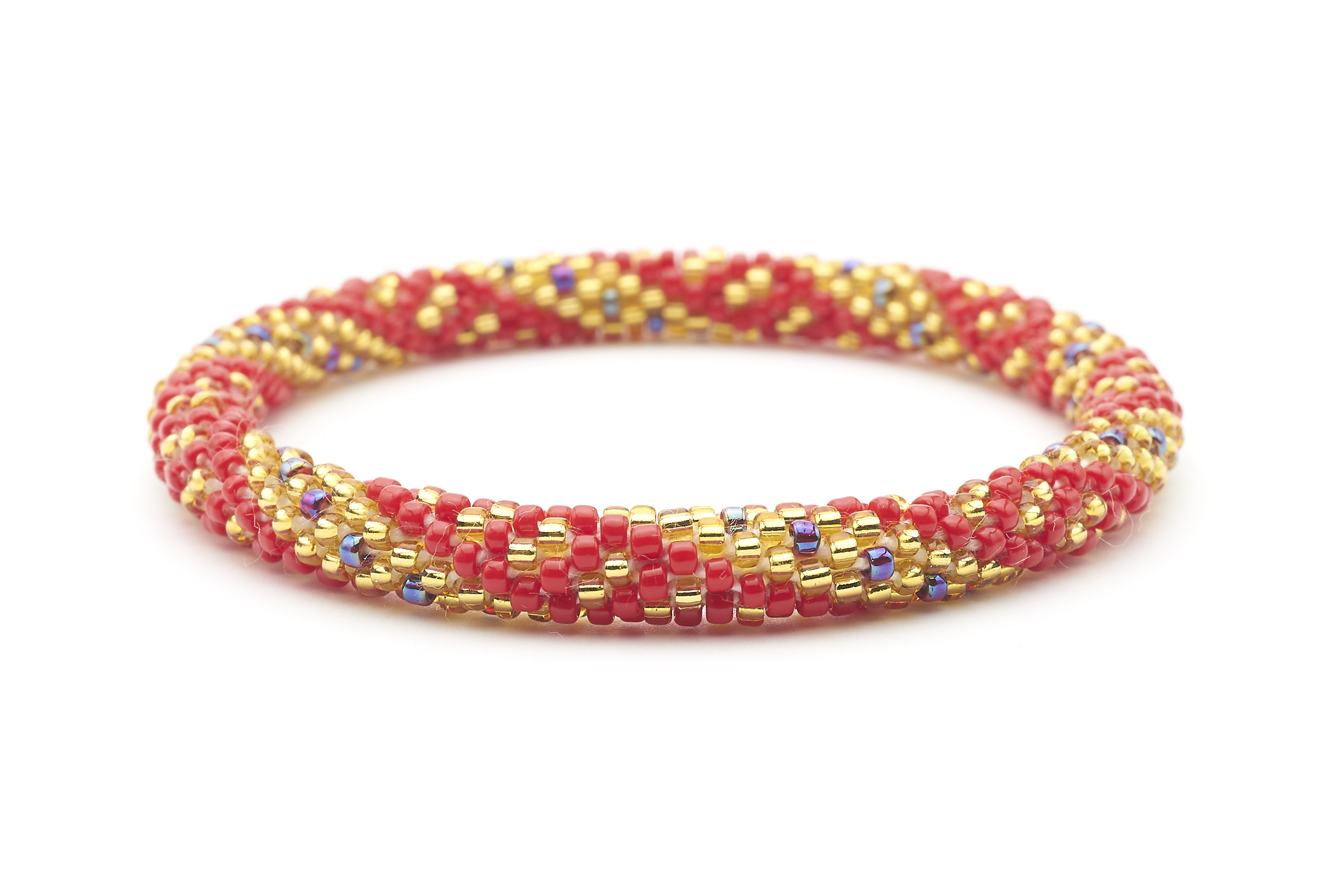 Sashka Co. handmade glass beaded friendship bracelet with red, iridescent, and gold glass beads in a spiral dots pattern. Crafted in Nepal by skilled artisans.
