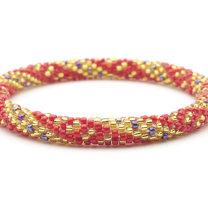 Sashka Co. handmade glass beaded friendship bracelet with red, iridescent, and gold glass beads in a spiral dots pattern. Crafted in Nepal by skilled artisans.