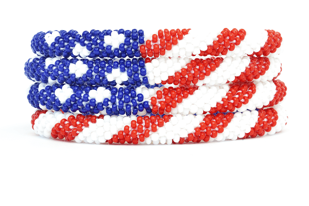 Sashka Co. handmade glass beaded friendship bracelet with red, white, and blue glass beads. Crafted in Nepal by skilled artisans.