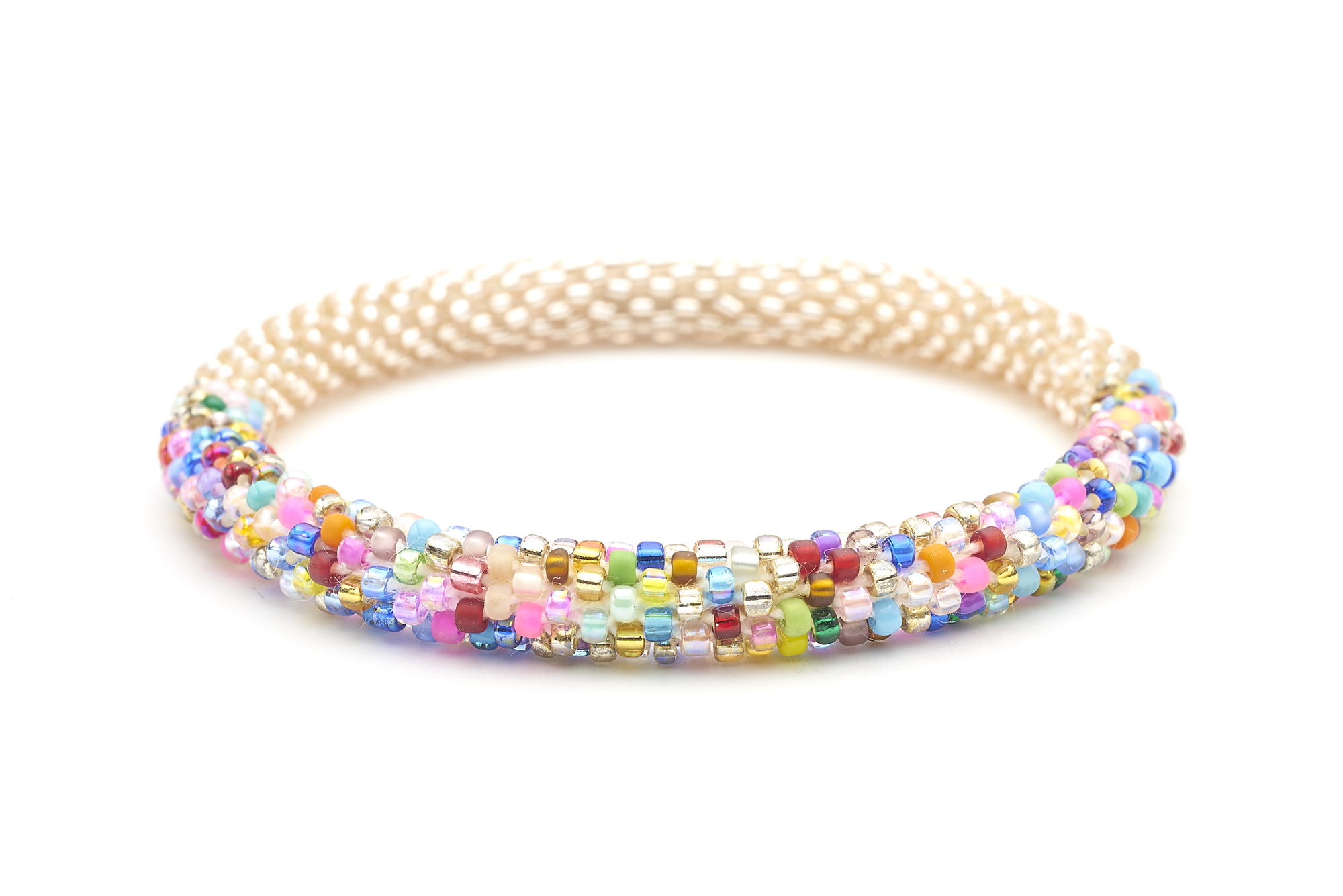 Sashka Co handmade beaded friendship bracelet with rose gold and mixed confetti glass beads. Crafted in Nepal by skilled artisans.