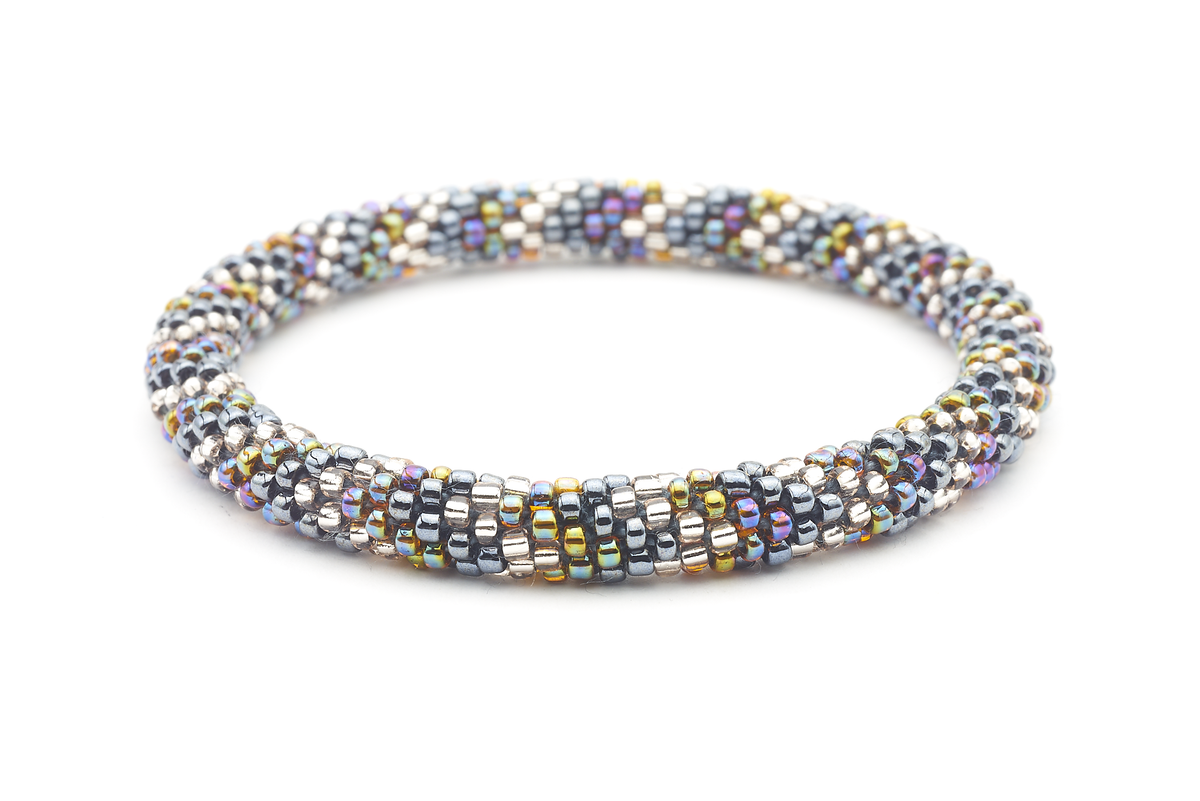 Sashka Co handmade beaded friendship bracelet with silver, clear, and iridescent glass beads. Crafted in Nepal by skilled artisans.