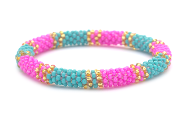 Sashka Co. handmade glass beaded friendship bracelet with turquoise, pink, and gold glass beads. Crafted in Nepal by skilled artisans.