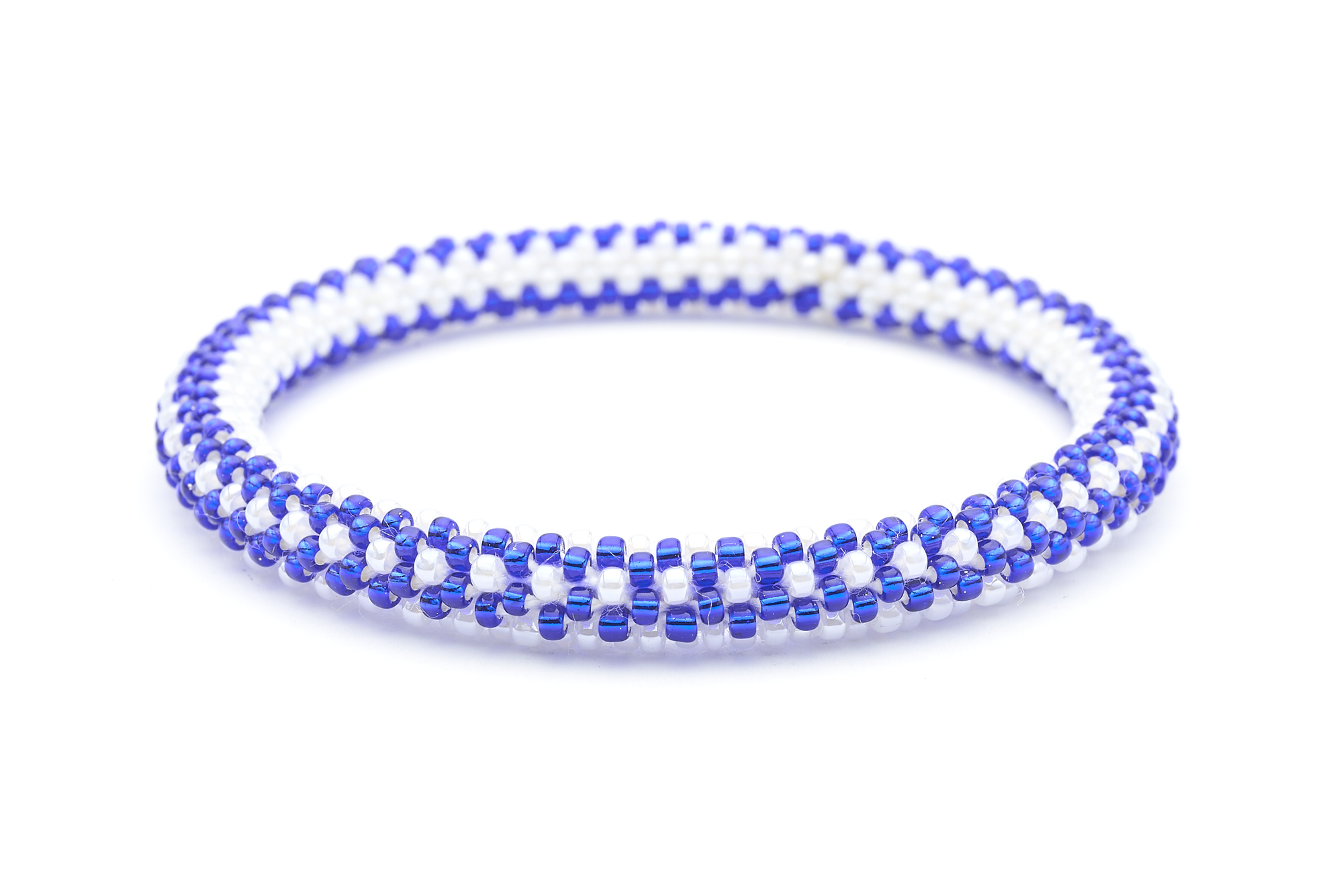 Sashka Co. handmade glass beaded friendship bracelet with white and blue glass beads. Crafted in Nepal by skilled artisans.