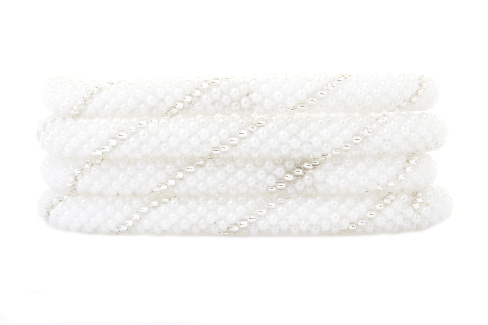 Sashka Co. handmade glass beaded friendship bracelet with white and clear glass beads in a spiral pattern. Crafted in Nepal by skilled artisans.