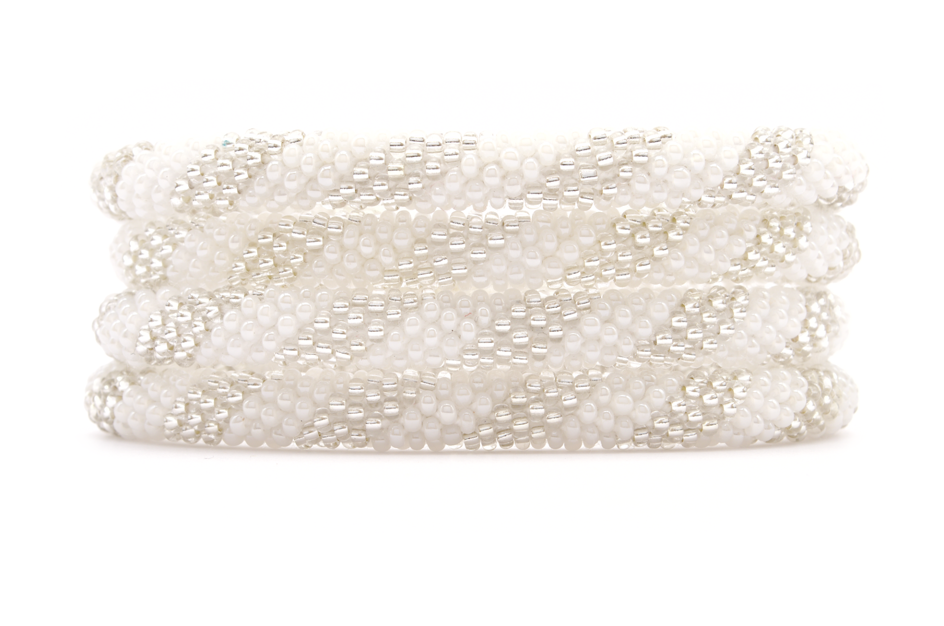 Sashka Co. handmade glass beaded friendship bracelet with white and clear glass beads in a spiral pattern. Crafted in Nepal by skilled artisans.