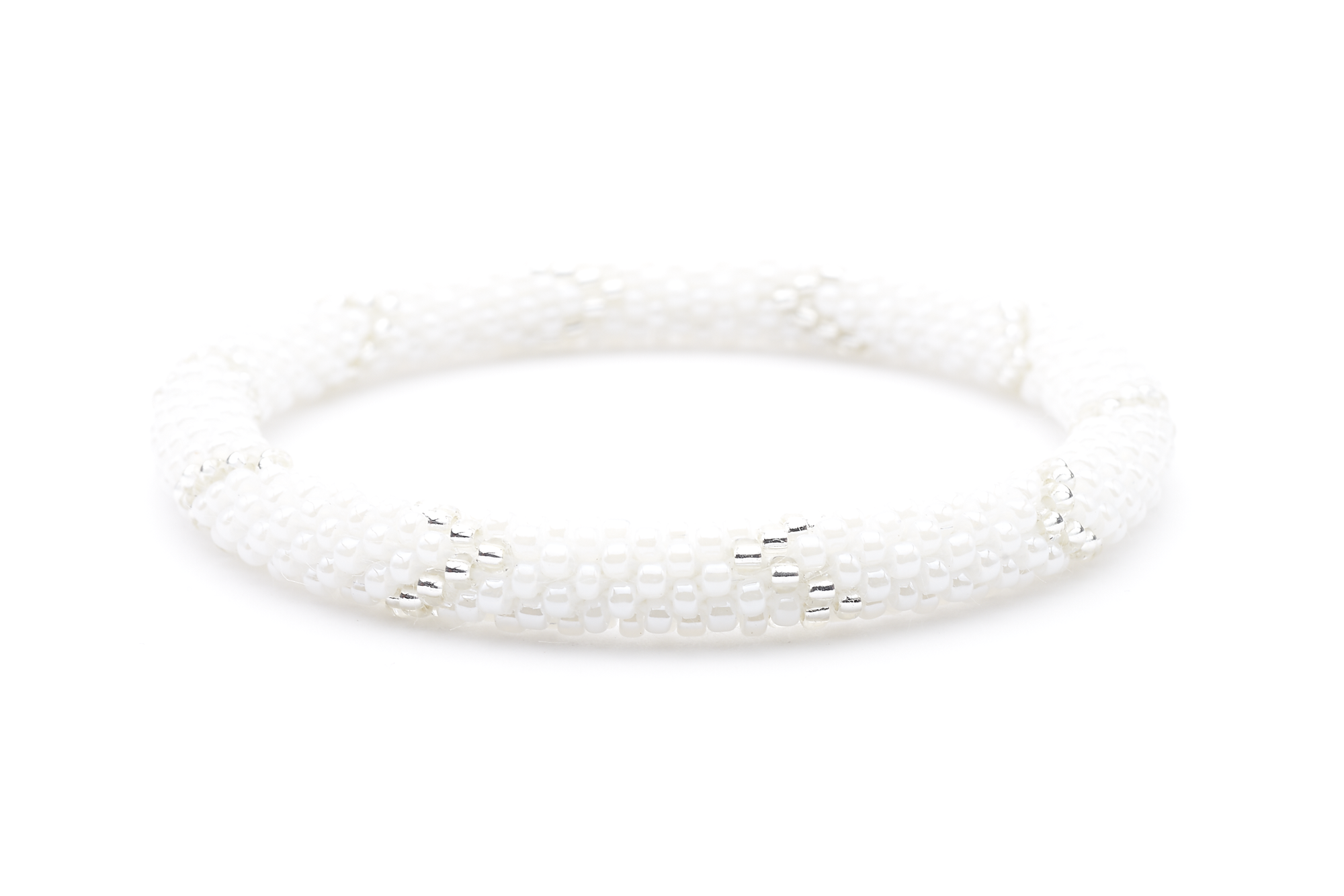 Sashka Co. handmade glass beaded friendship bracelet with white and clear glass beads. Crafted in Nepal by skilled artisans.