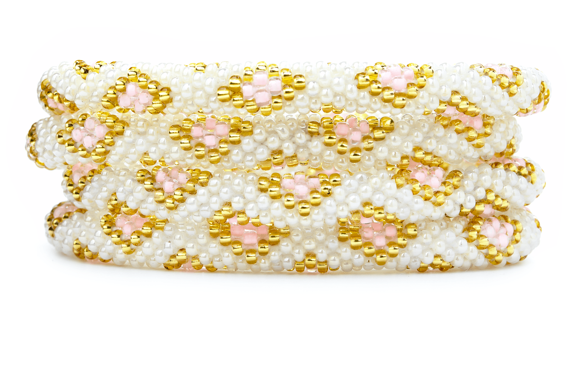 Sashka Co. handmade glass beaded friendship bracelet with white, gold, and pink glass beads in a diamond pattern. Crafted in Nepal by skilled artisans.