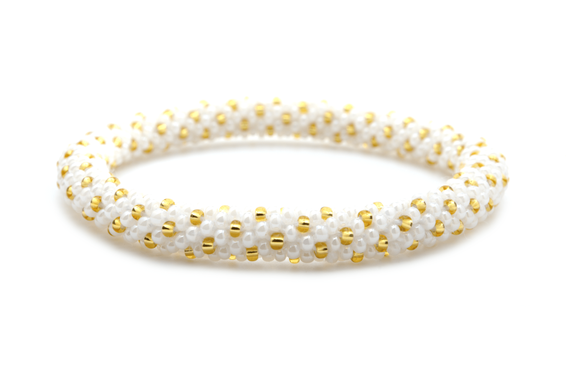 Sashka Co handmade beaded friendship bracelet with white and gold glass beads. Crafted in Nepal by skilled artisans.