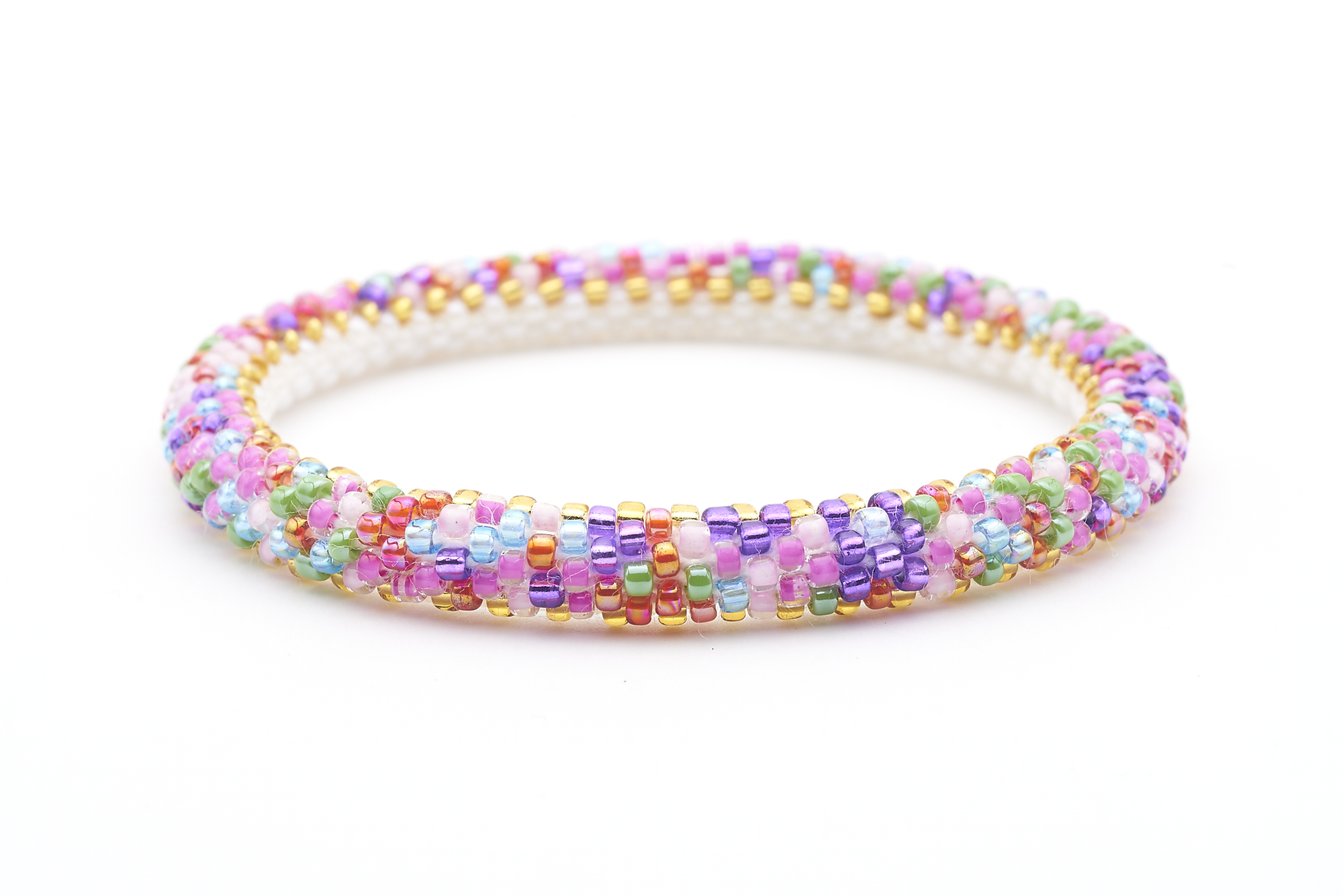Sashka Co handmade beaded friendship bracelet with white and mixed gold glass beads. Crafted in Nepal by skilled artisans.